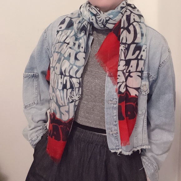 NWT Lanvin 100% Wool Logo Print Scarf Palm Trees Tropical Blue Red - Picture 10 of 12